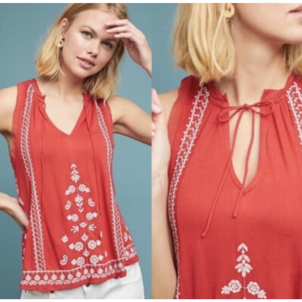 Anthropologie Embroidered Tank Top Small Red Keyhole Bohemian Festive Paisley